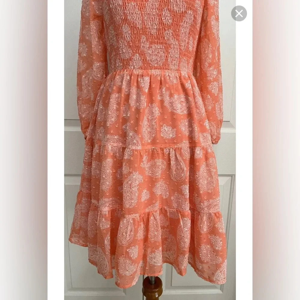 Skies Are Blue Tiered Smocked Bodice Babydoll A-Line Mini Dress SZ M Coral - Picture 3 of 12